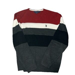 U.S. Polo Assn. Mens XL Striped Long Sleeve V-Neck Red Navy White Gray Sweater